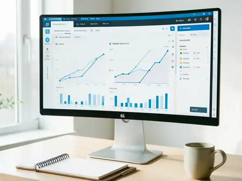 Business intelligence charts displayed on a wide monitor at a desk