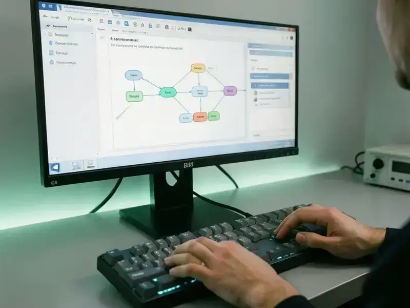 Automation control desk with connected process nodes displayed on a monitor