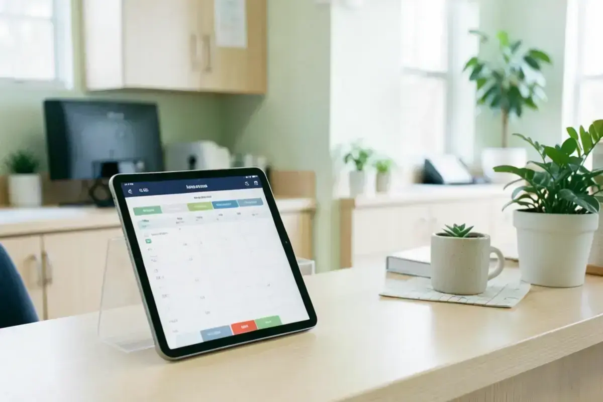 Bright clinic reception desk with a tablet showing an appointment calendar