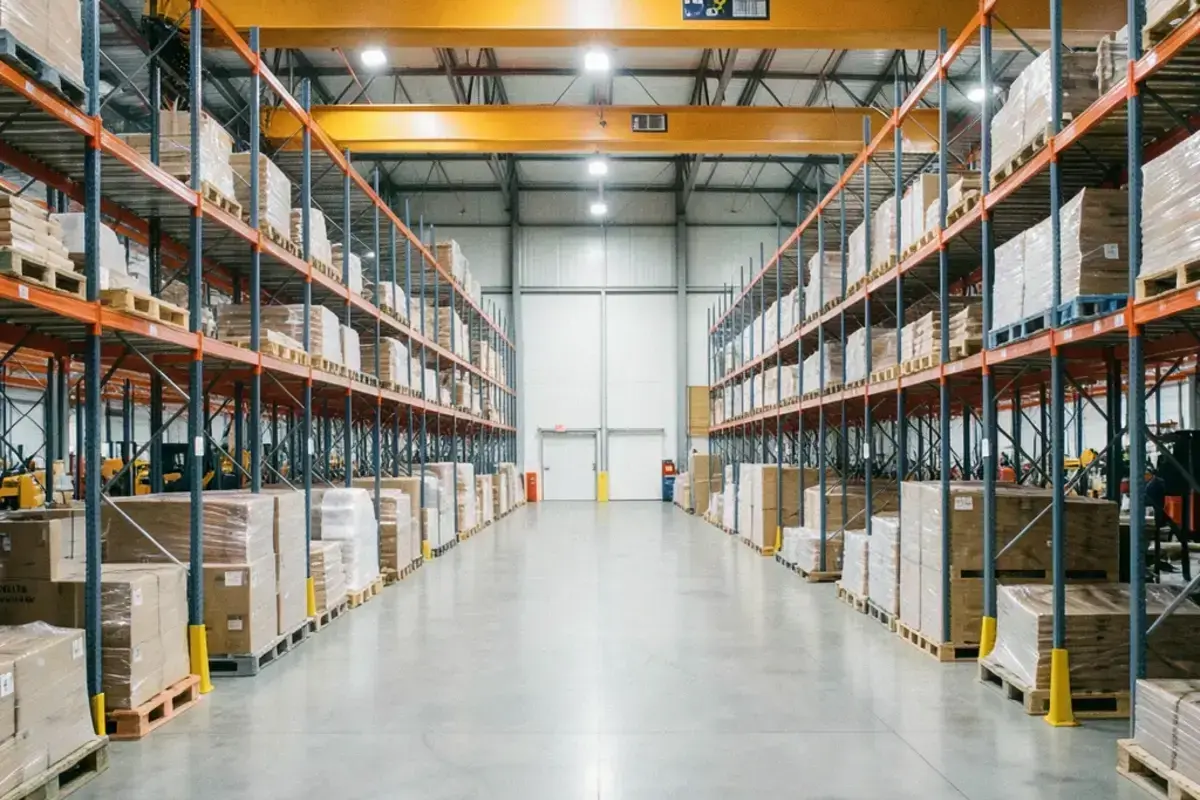 Interior of a modern distribution warehouse with racking and palletised goods
