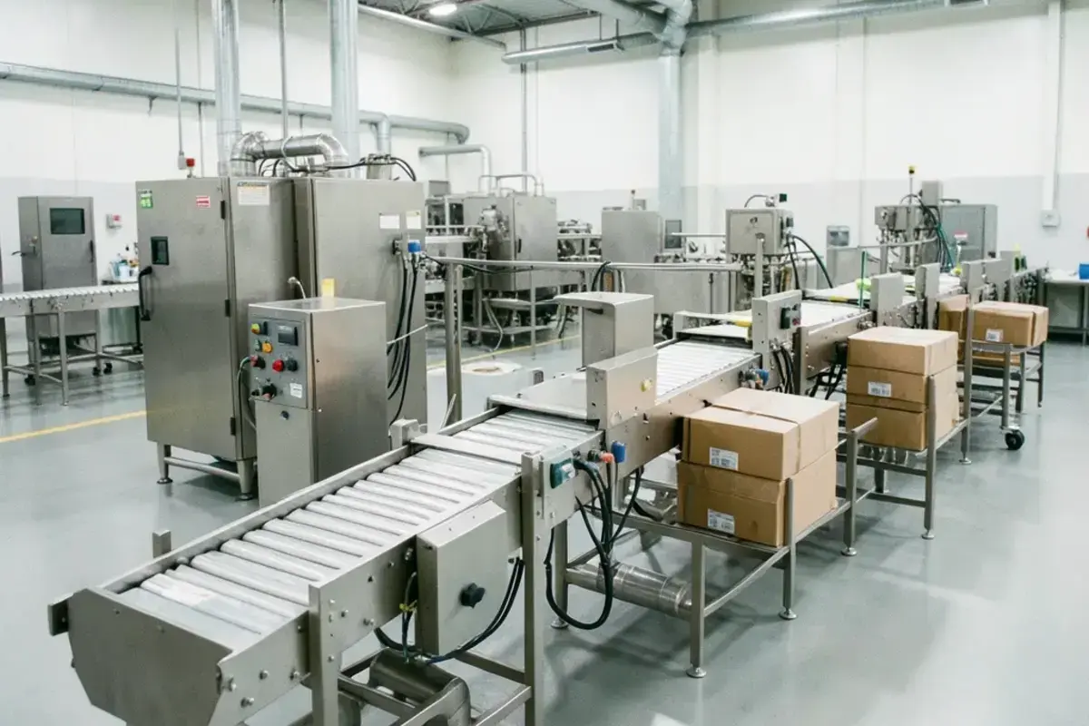 Food processing production line with stainless steel conveyor and packaging stations