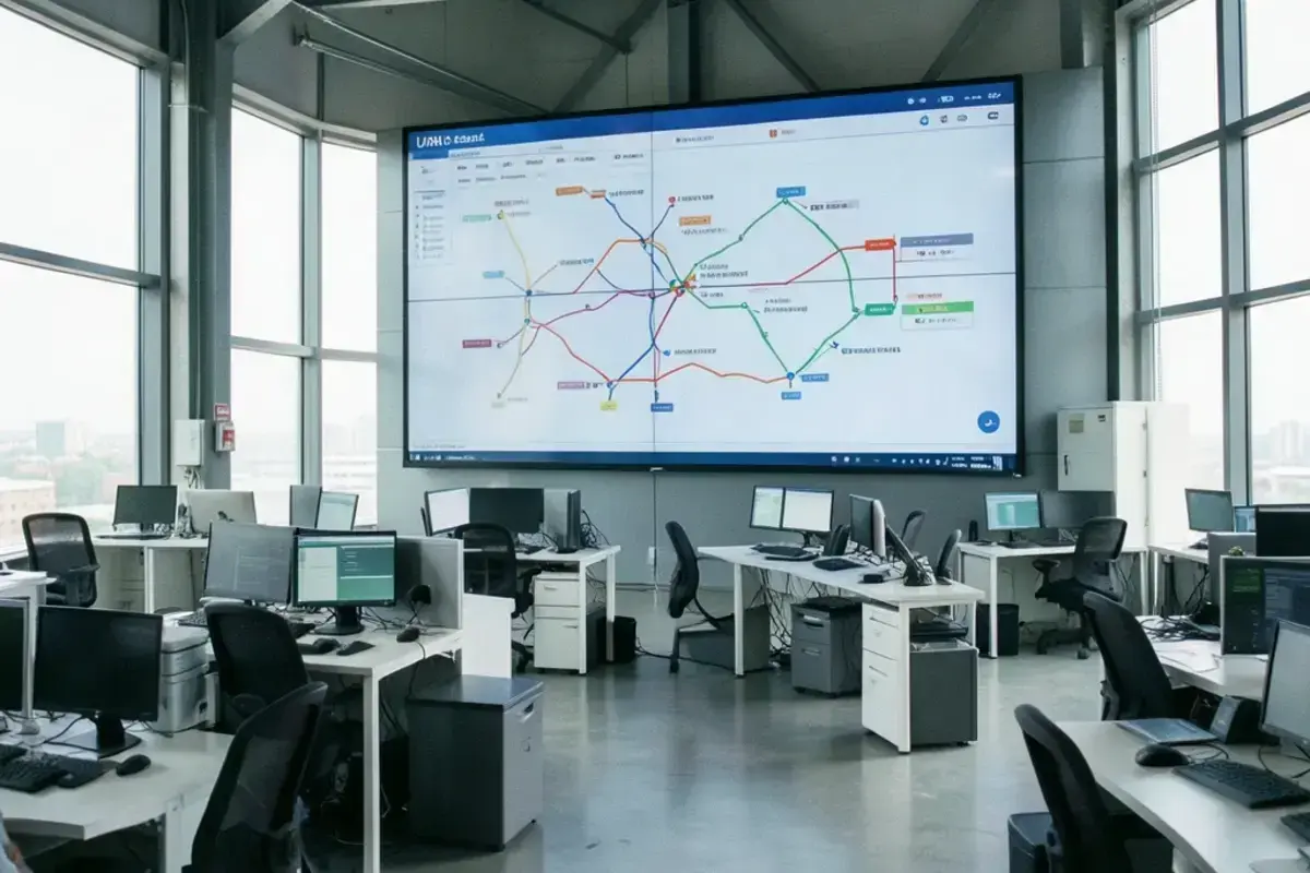 Logistics control tower with a large wall display of routes and shipment status