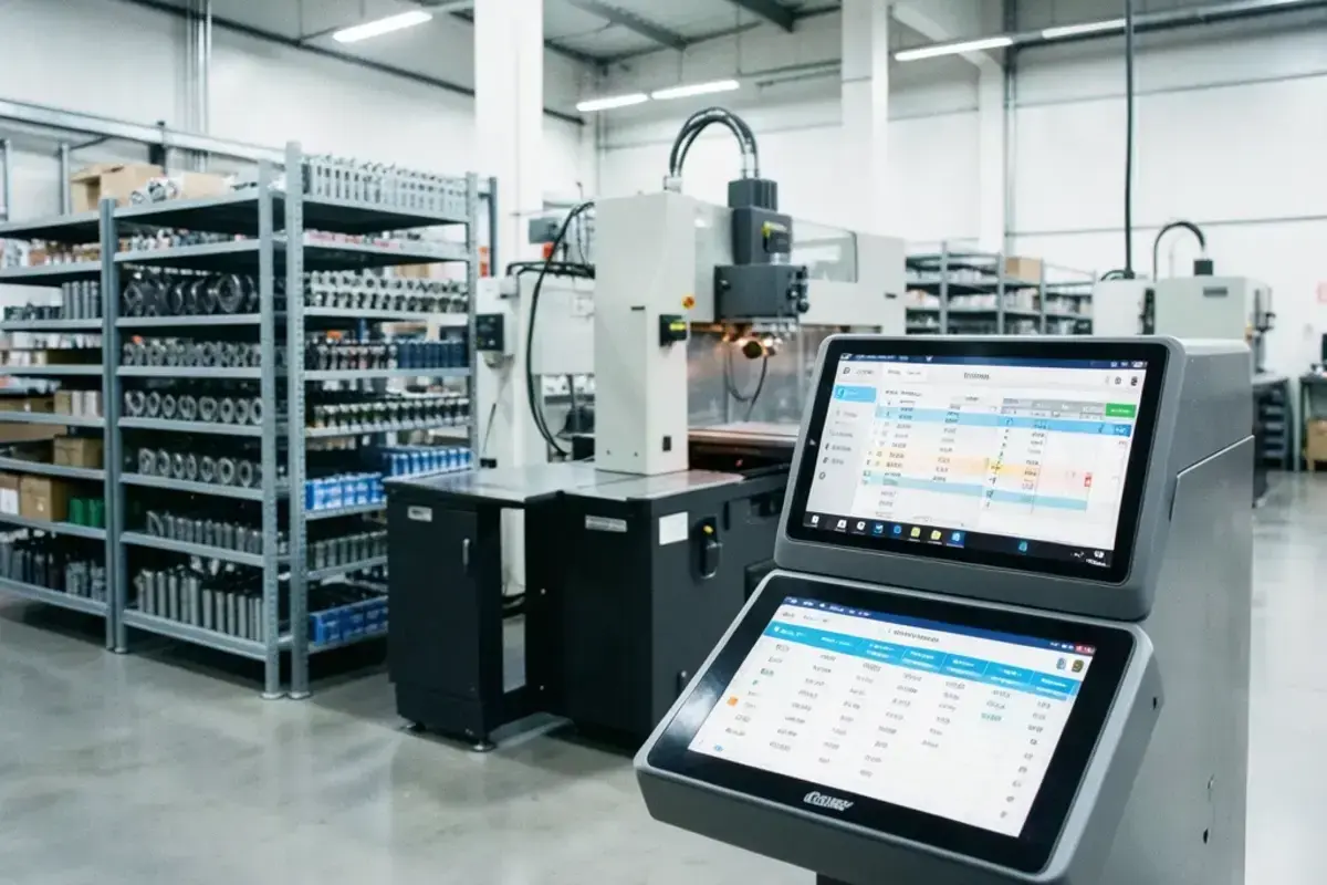 Clean modern manufacturing floor with a CNC machine and organised component racks