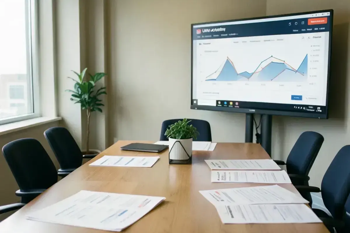 Advisory firm meeting room with a long table and printed valuation reports