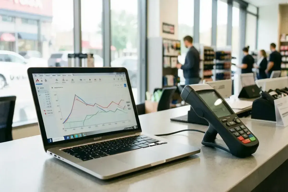 Retail back office counter with a laptop showing sales analytics charts