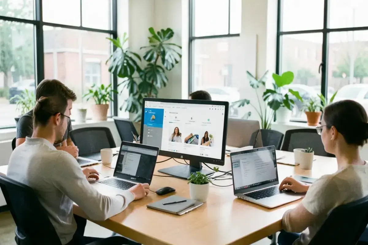 Modern software company onboarding space with a wide table and product interface on screen