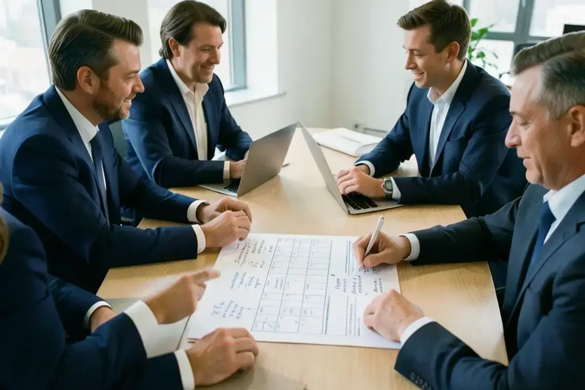 Advisers and operations leads reviewing a printed platform comparison around a table