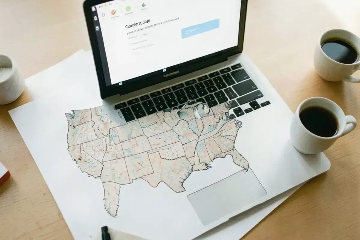 Overhead view of a desk with a printed map of the United States and a laptop