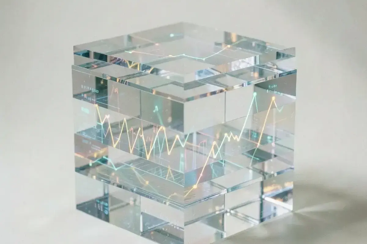 Abstract analytics sculpture of layered translucent slabs with glowing chart lines inside