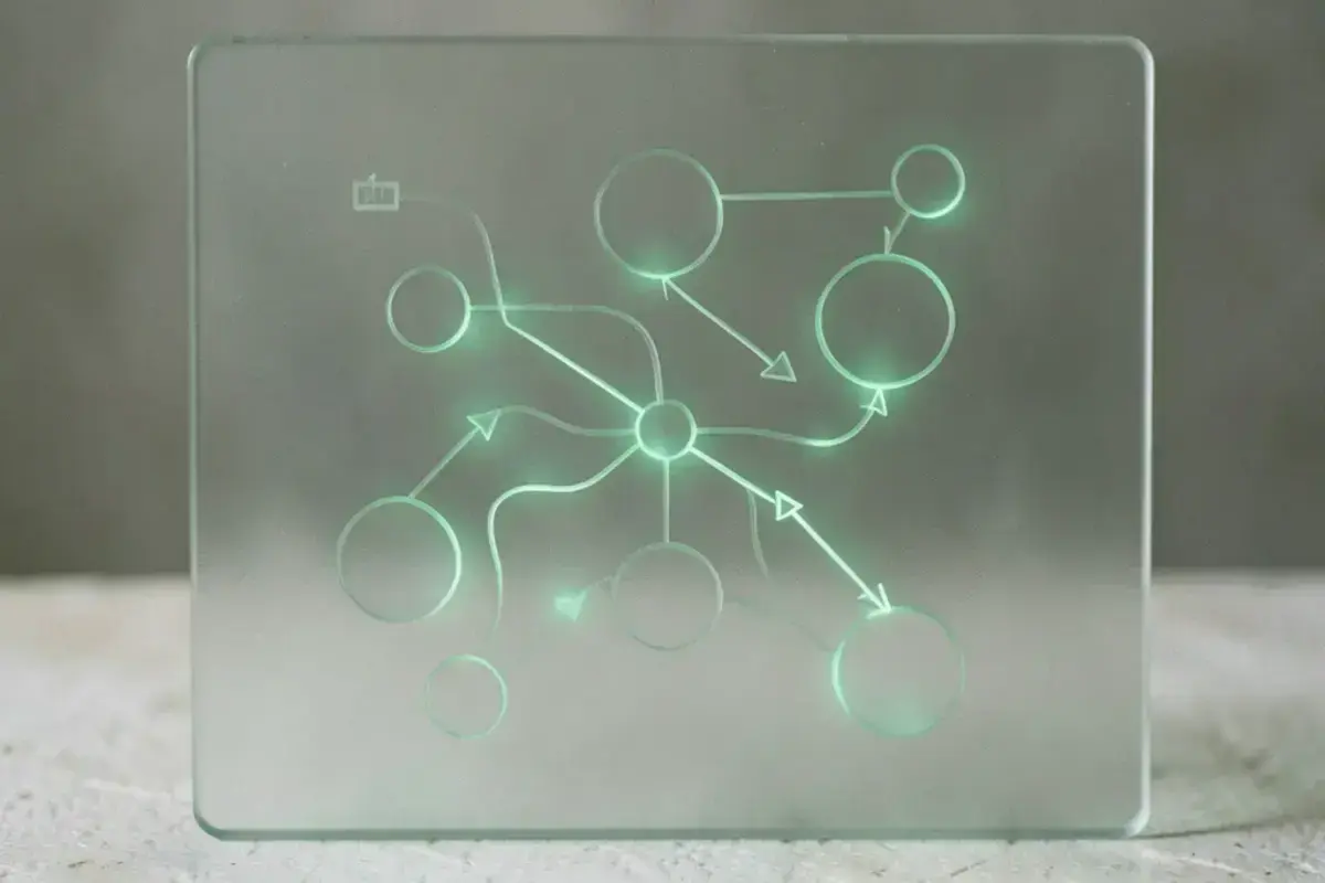 Illuminated automation flow diagram etched on frosted glass with connected nodes