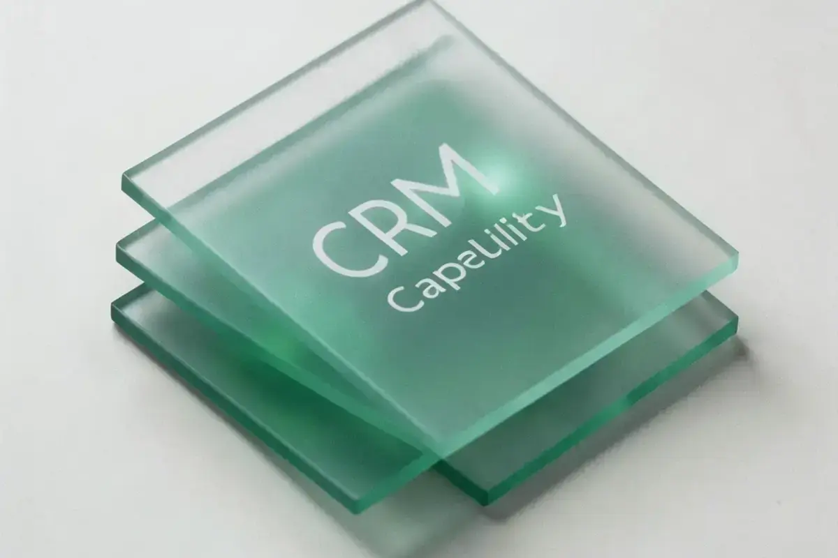 Sculptural stack of frosted glass CRM capability cards layered on a pale surface