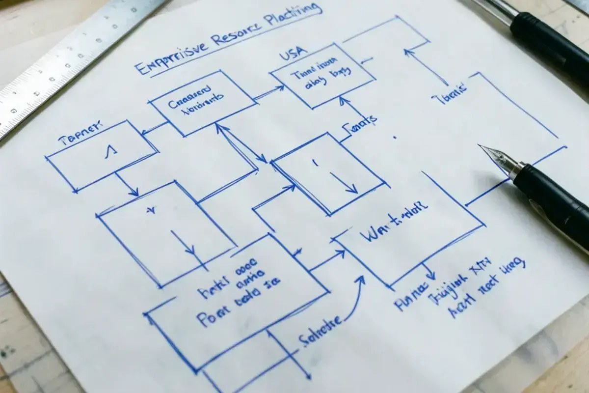 ERP blueprint drawing with module blocks and data flows on translucent paper