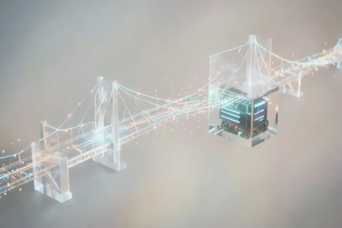 Abstract bridge of light connecting two translucent system blocks