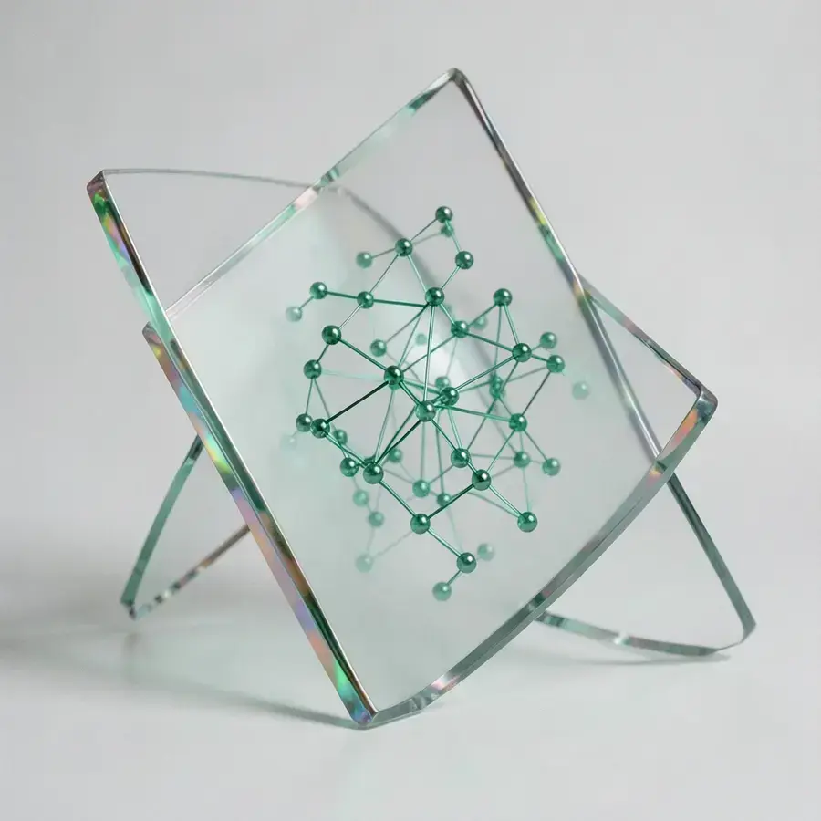 Abstract glass sculpture of intersecting planes with a glowing network of candidate platforms inside