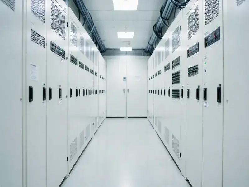 Server corridor with neat fibre patch panels and labelled cables