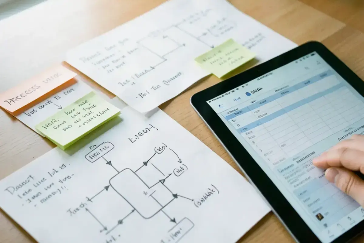 Desk covered with annotated process notes and a current workflow sketch