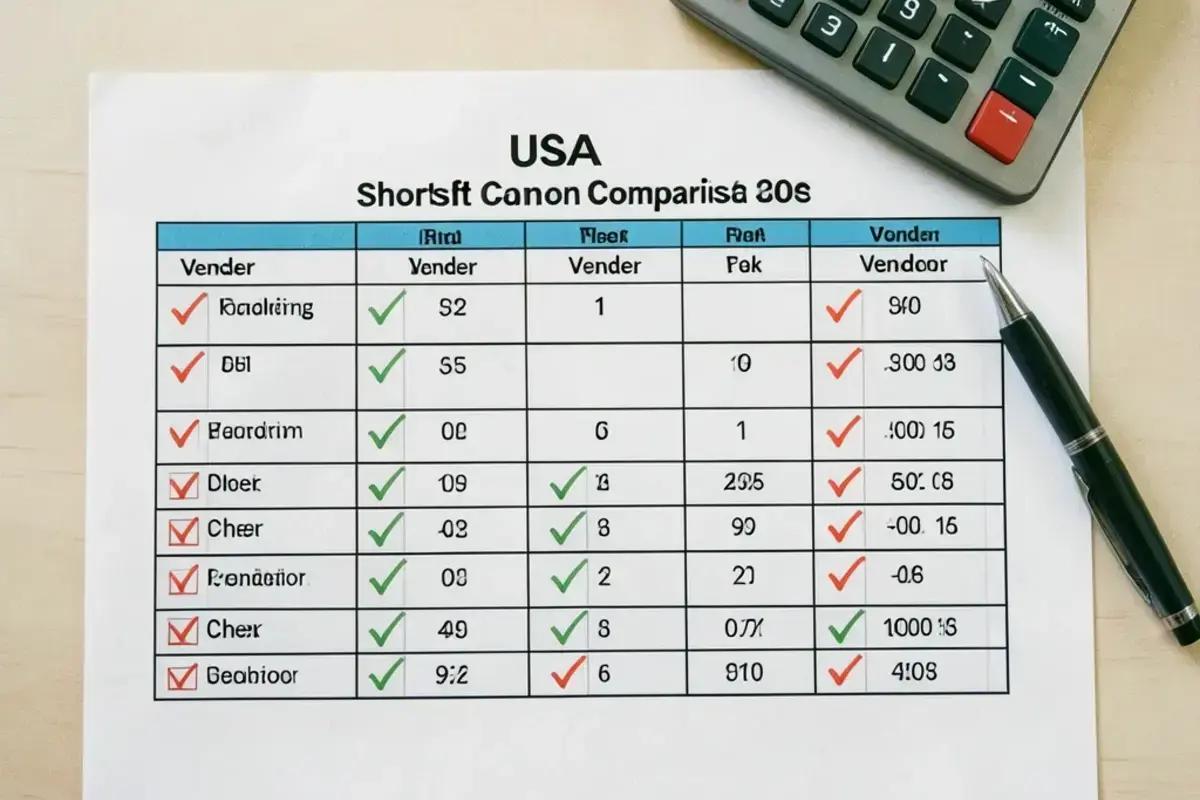 Printed shortlist matrix comparing platforms on cost, effort and risk