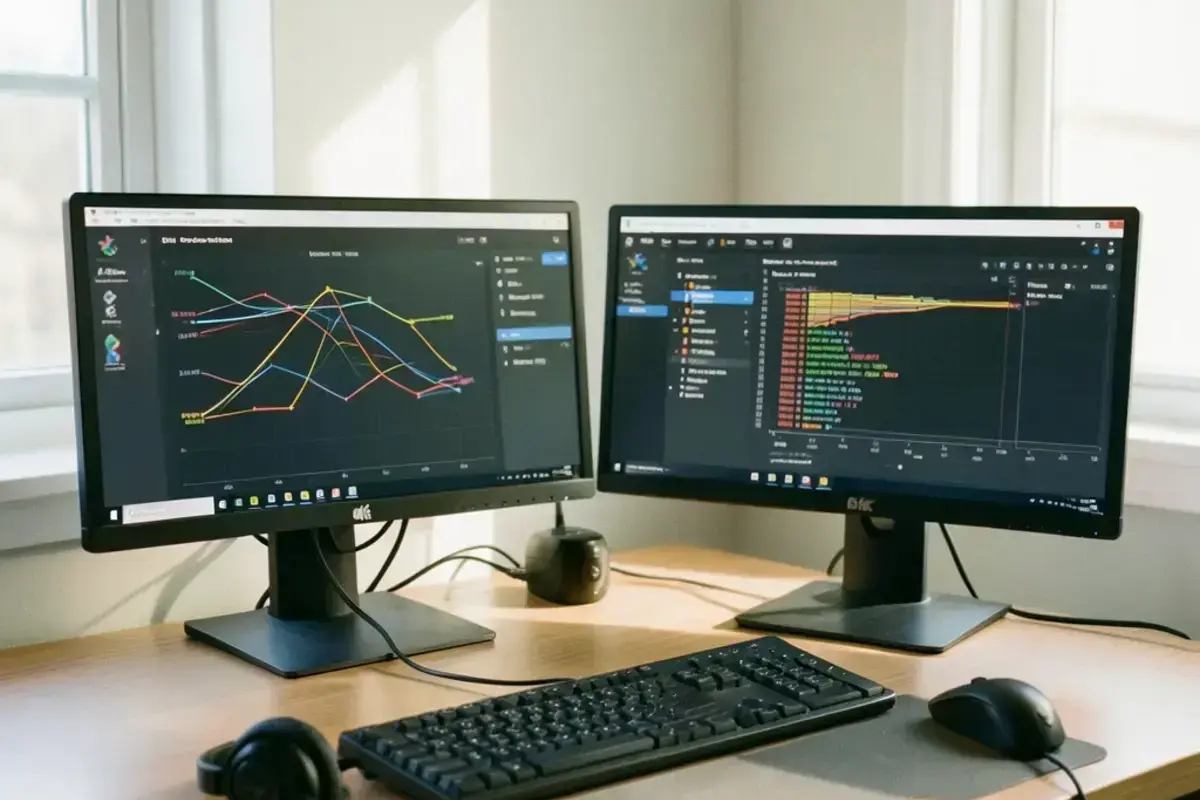 Support desk with dual monitors watching an integration dashboard