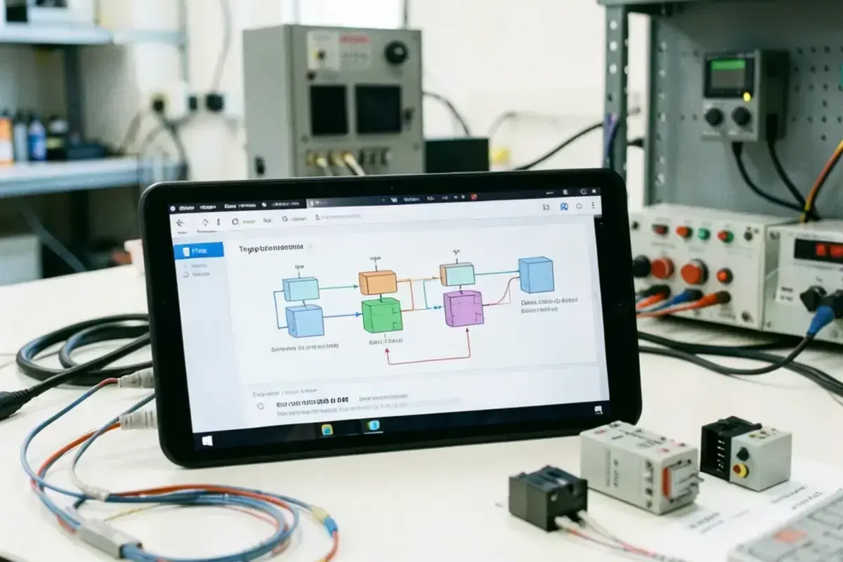 Automation lab bench with a tablet showing connected workflow blocks and trigger rules