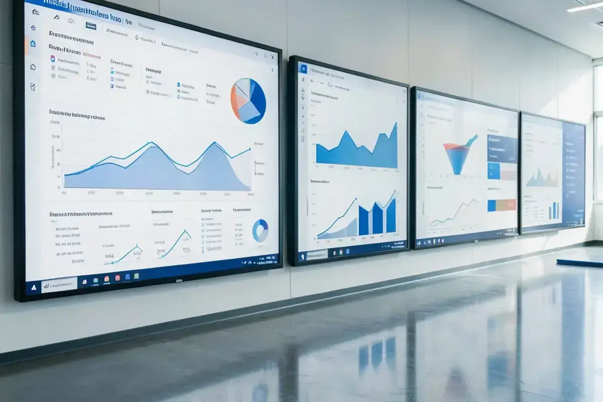 Wall of business intelligence dashboards displayed across screens in a modern office