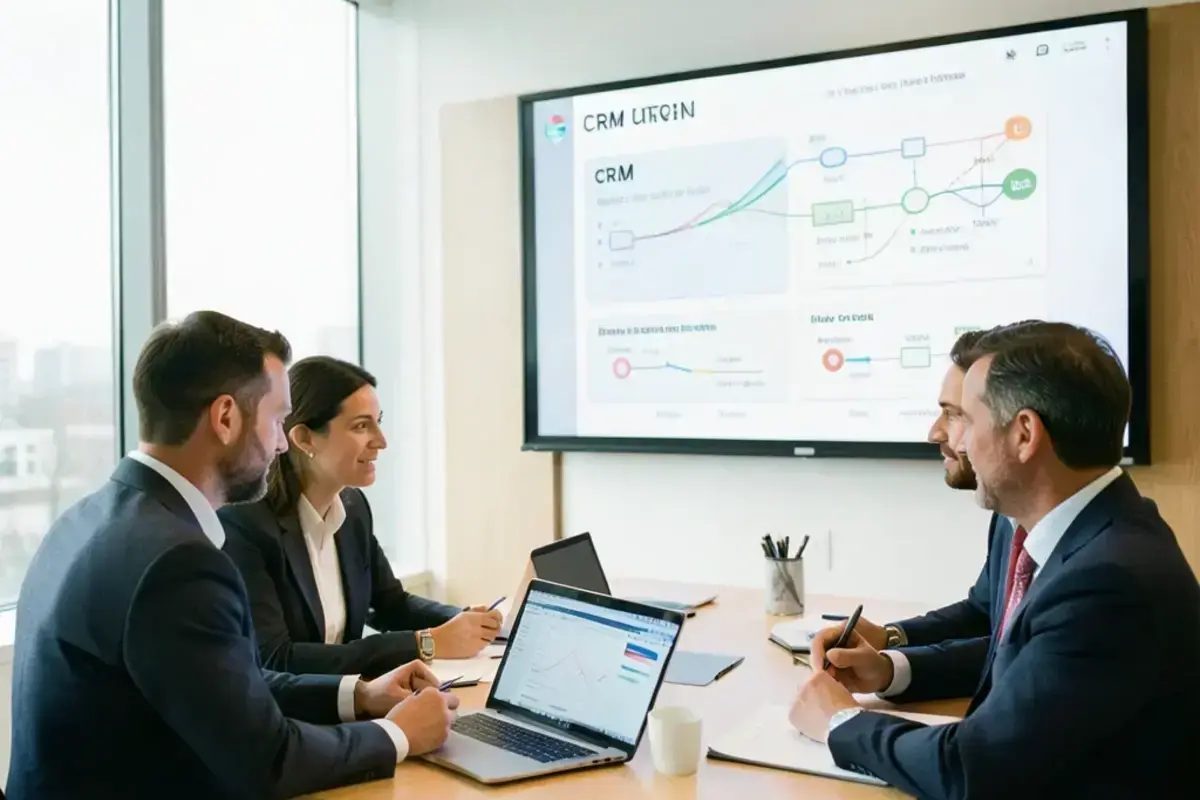 Evaluation room where advisers compare CRM platform mockups on a large screen