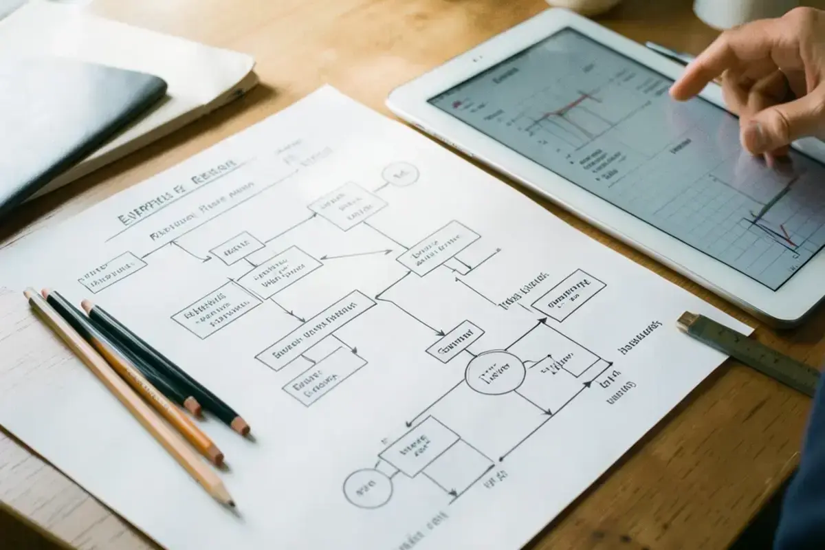 Desk with hand drawn process maps used for enterprise resource planning modelling