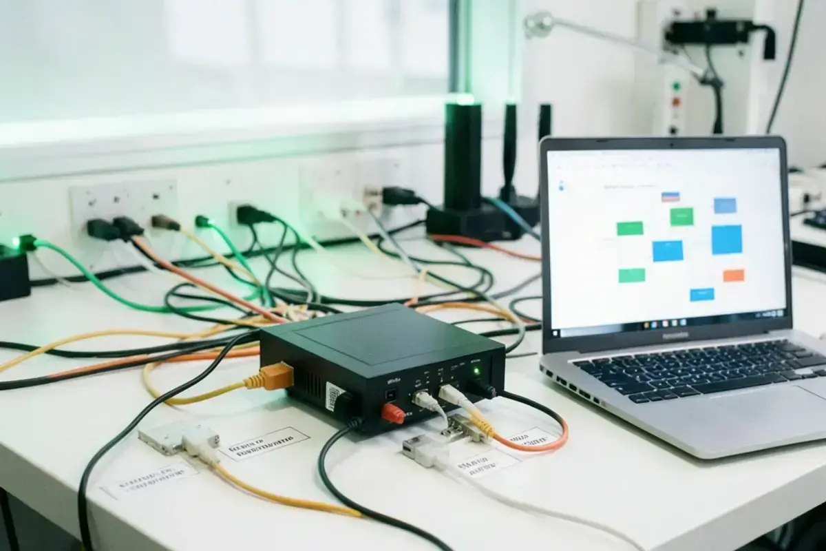 Integration hub table with a central device, routed patch cables and a laptop showing a data flow diagram