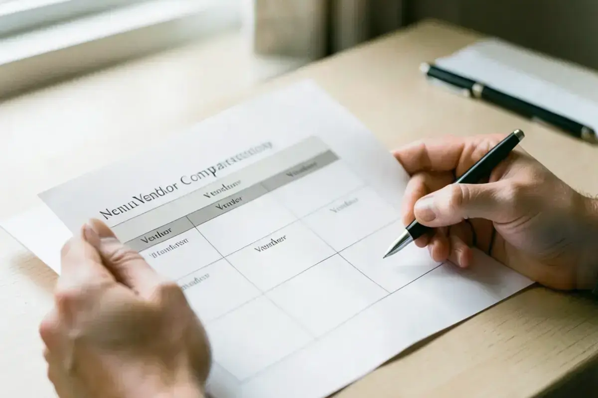 Hands reviewing a neutral vendor comparison sheet printed with four empty vendor columns