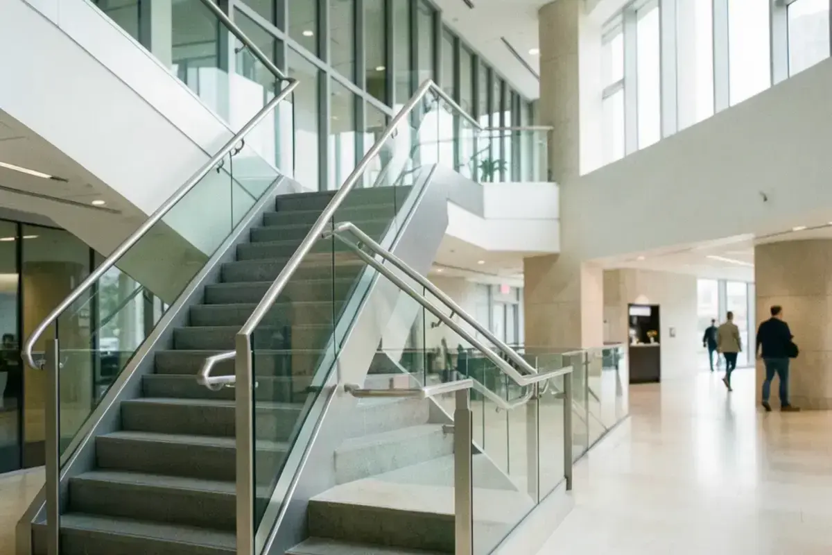 Bright modern office atrium with pale stone floors and glass balustrades